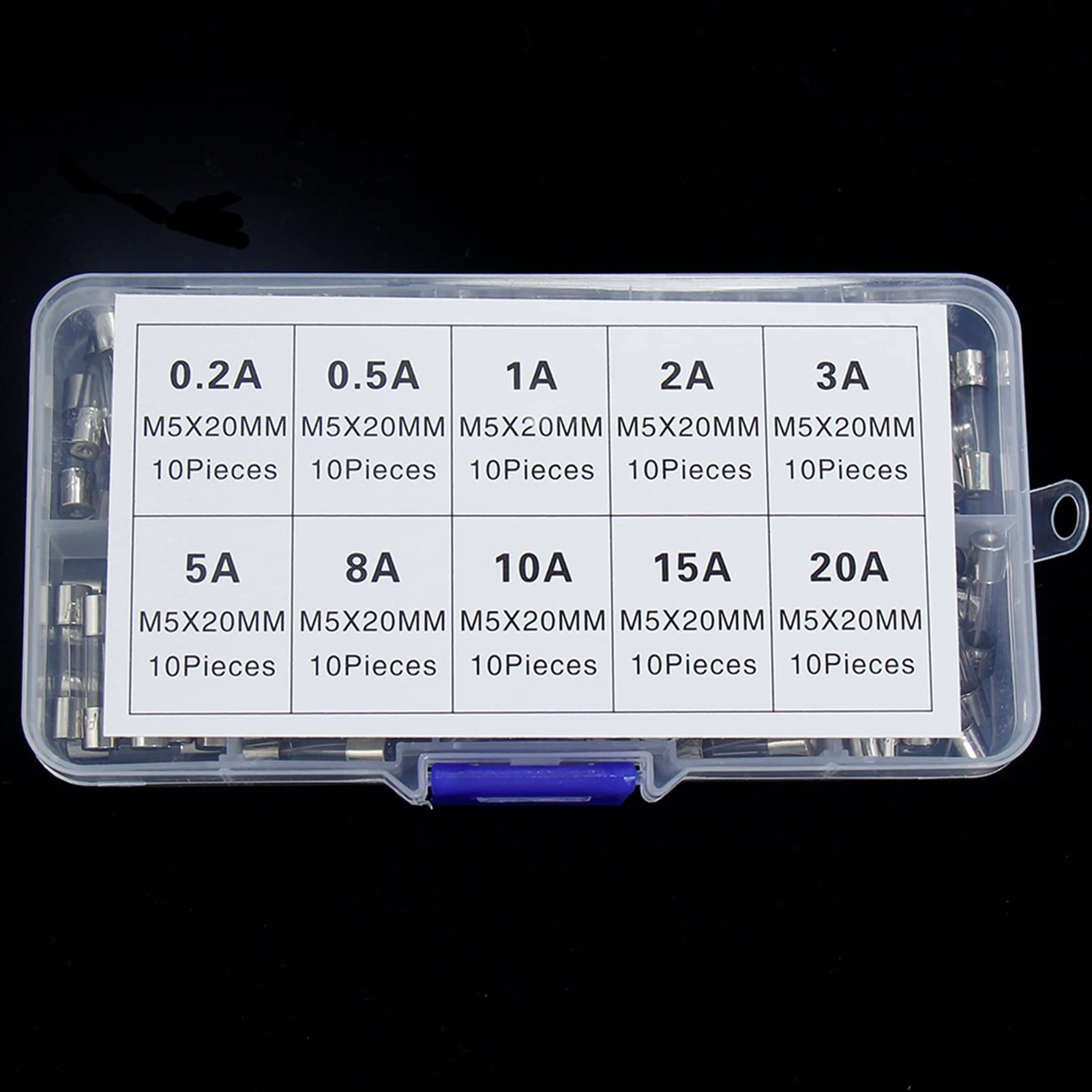 Sicherung 5 x 20 mm, schnell geblasene Glasrohrsicherungen, sortierte Sets, Glassicherungen Glas 82 Stück/100 Stück/250 Stück 1A-20A(100pcs Box)