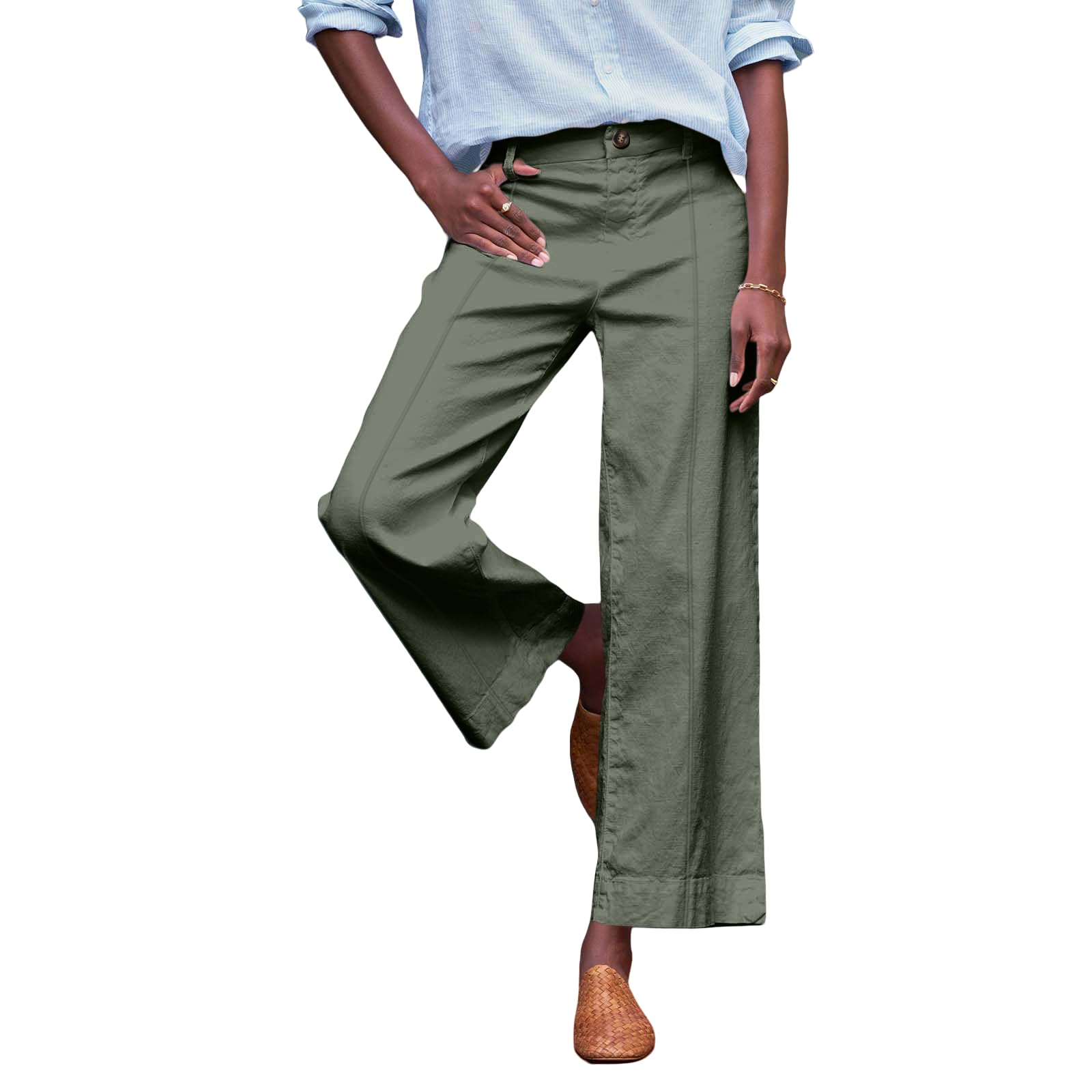 Twill Wide Leg Pants for Women Comfy Elastic Waist Dress Pants Business Casual Palazzo Pants with Pockets Chino