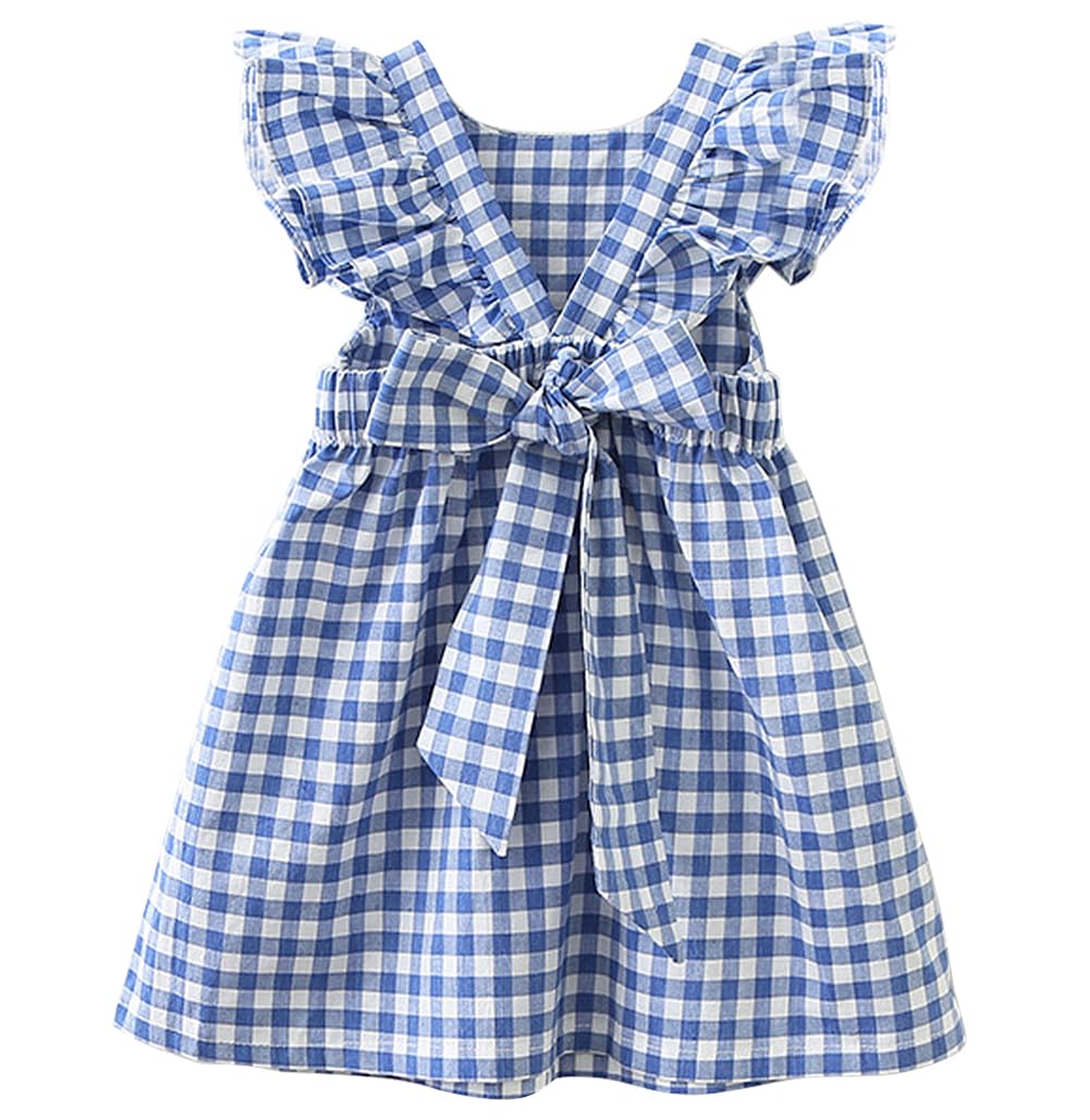 AGQT Vestido a Cuadros para niñas bebés Vestido de Verano Informal sin Espalda con Mangas con Volantes Talla 6 Meses-8 Años
