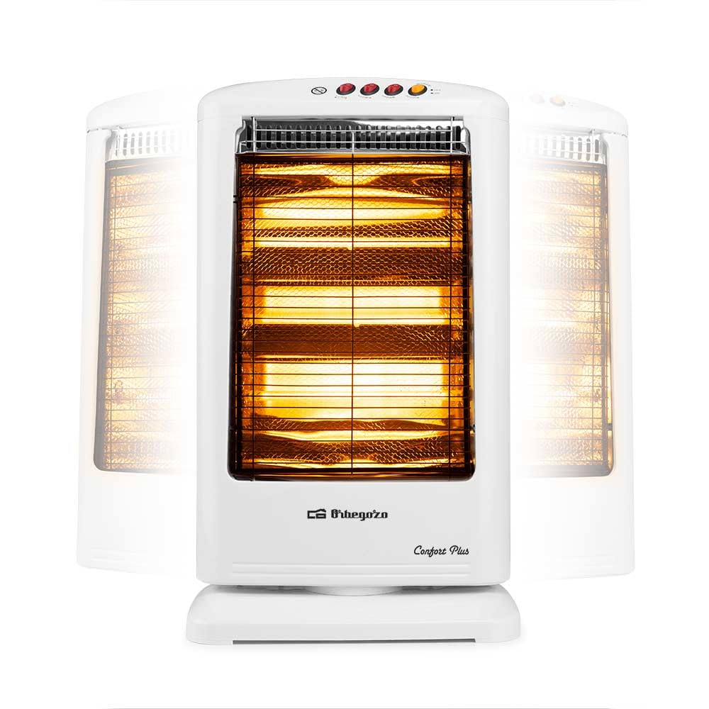 Orbegozo BP 0303 B, Estufa halógena, 3 niveles de potencia, 1200 W, emisión instantánea de calor, antivuelco, asa facil transpoerte, sistema oscilación automática, color blanco