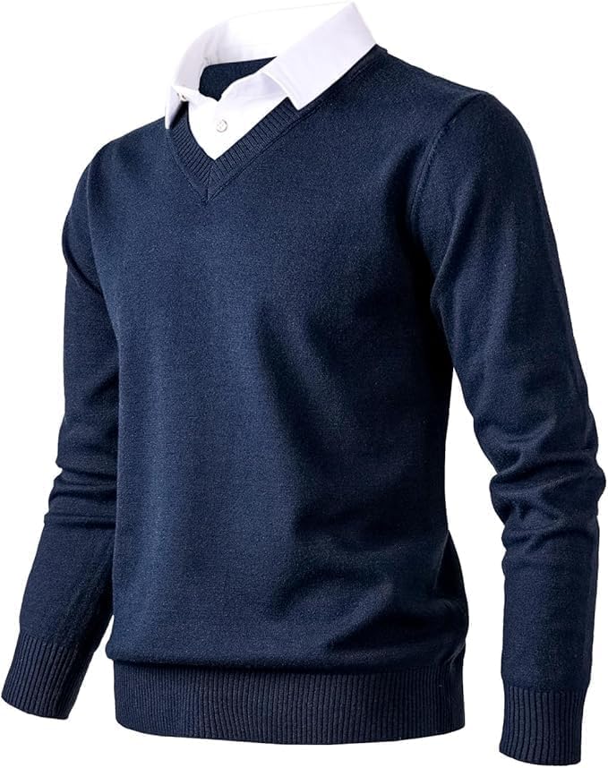 Herothorn Pull-Over en Tricot pour Homme Pull-Over Tendance Doux au Toucher Sweat-Shirt à col en V avec col Chemise à Carreaux ou Blanc