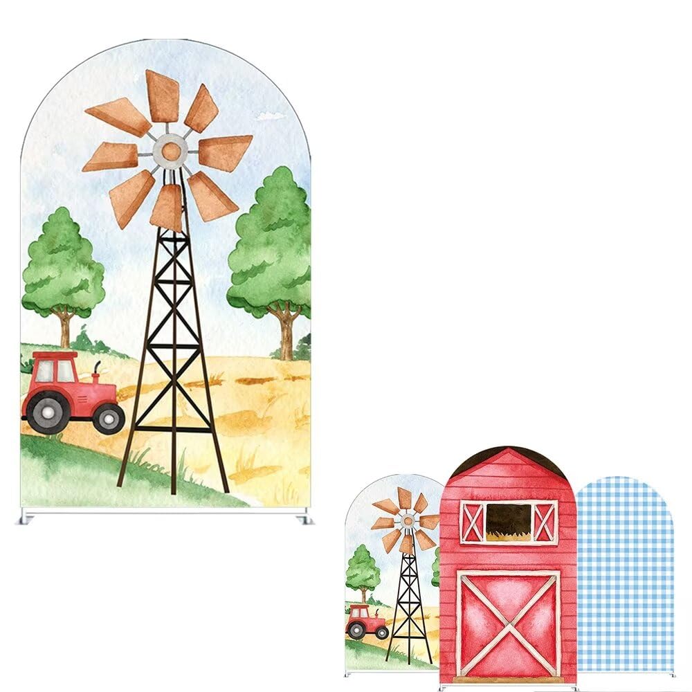 Fienile Farm Windmill Arches Sfondo Copertura per bambini Mucche Compleanno Bomboniere Arch Stand Elastico Tessuto Coperture Baby Shower Party Forniture Tovaglia Decorazioni 0,9 x 1,8 m