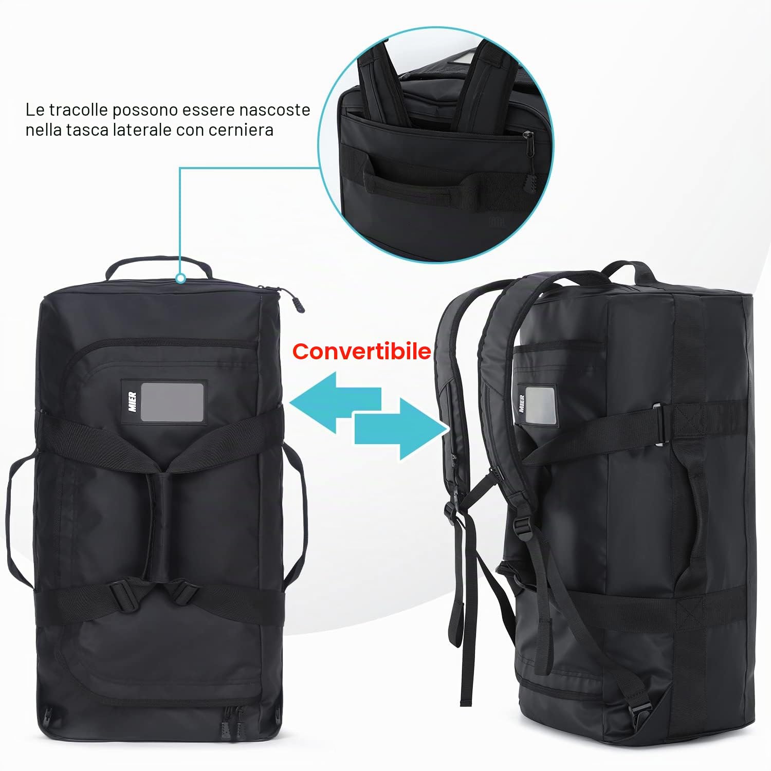 MIER Borsa sportiva da uomo, resistente all'acqua, grande zaino sportivo convertibile, con spallacci e scomparto per scarpe, per palestra, sport, viaggi, borsetta, 60 l/90 l, Nero , 60L, Borse da