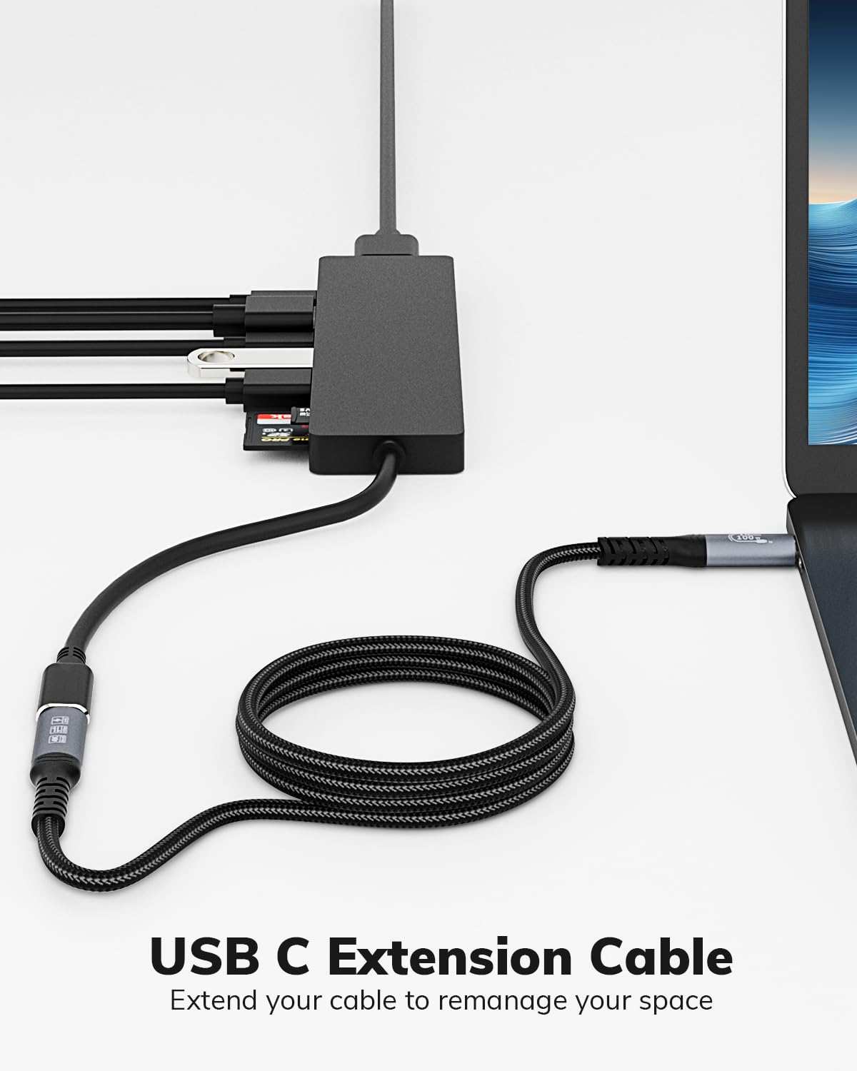 Cable de extensión USB-C, transferencia de datos de 10 Gbps, carga rápida de 100 W, soporte de vídeo 4K, compatible con MacBook Air M2 Pro, iPad Pro, iPhone 16 Series y más