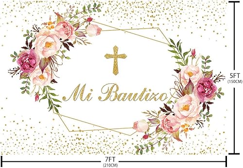 Miniatura 5 de Sendy Telón de fondo Mi Bautizo de 7 x 5 pies, suministros de decoración de fiesta de bautismo de Dios bendiga la primera comunión, pancarta rosa