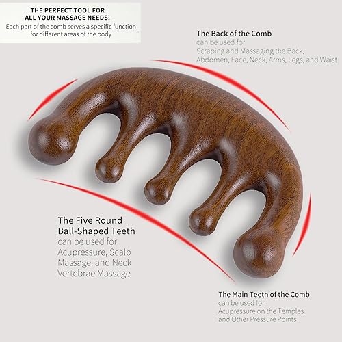 Miniatura 2 de Peine de masaje de madera para el cuero cabelludo, clásico hecho a mano, 100% natural sándalo con dientes anchos, herramientas de masaje manual