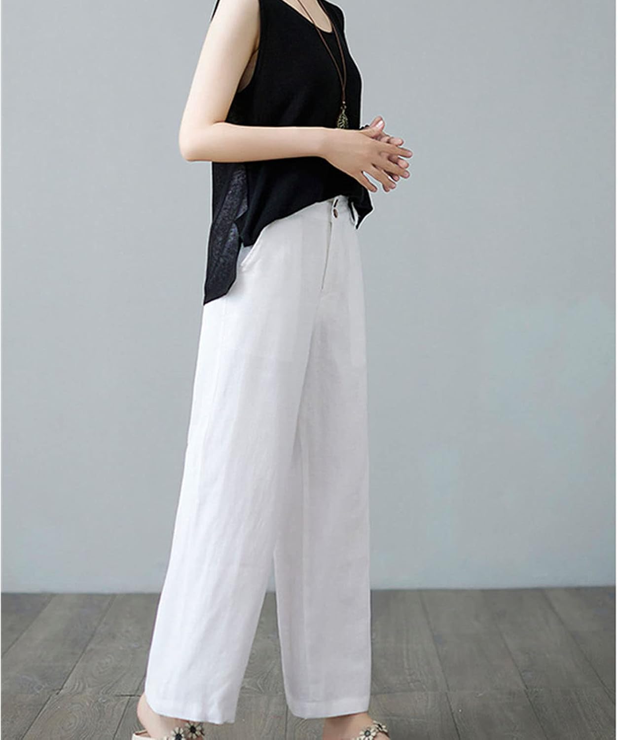 DGHM-JLMY Women's Drape High Waist Straight Trousers Casual Loose Button Cotton Linen Elastic Waist Pants Cropped Wide Leg