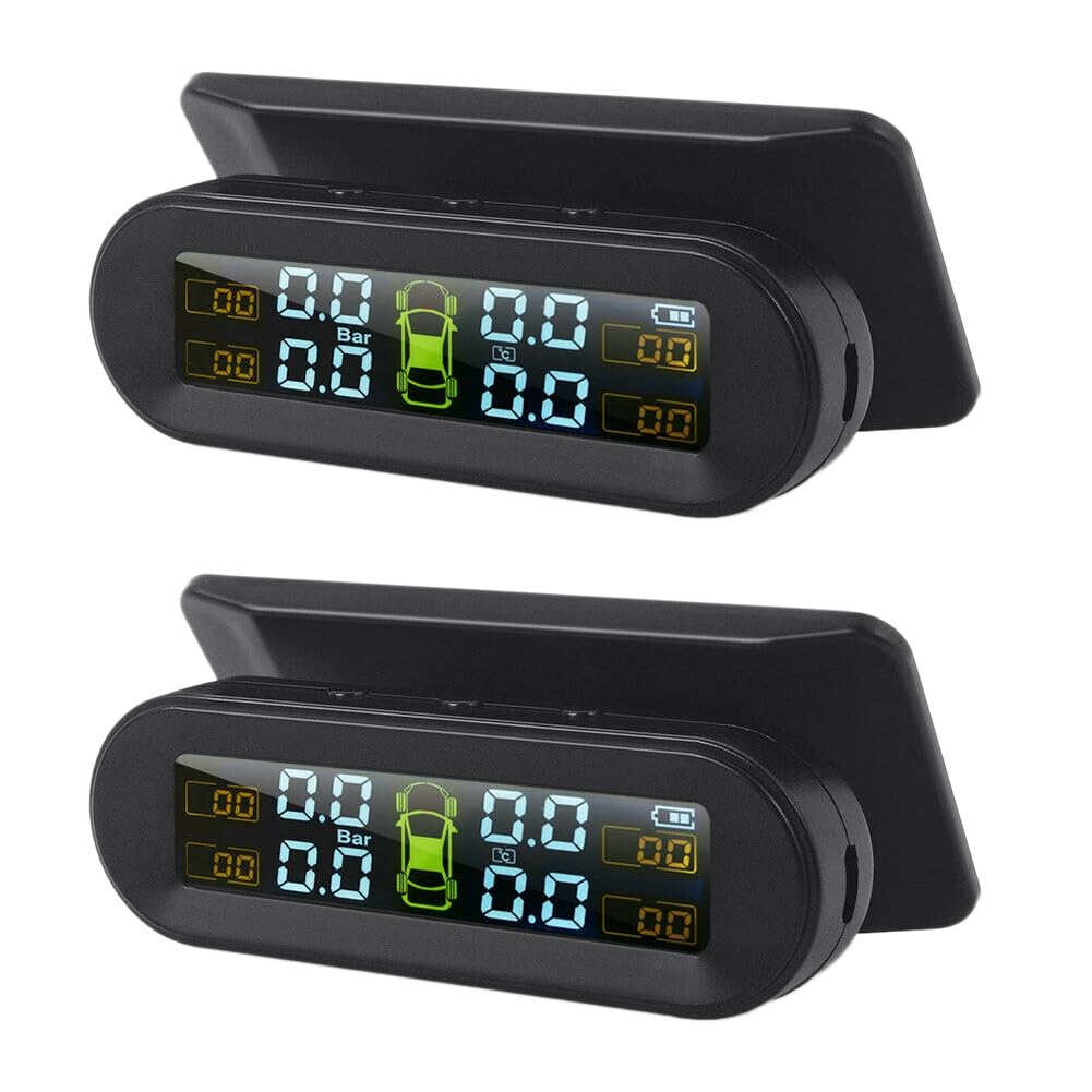 2 x solarny bezprzewodowy system kontroli ciśnienia w oponach samochodowych TPMS, wyświetlacz HD LCD, 4 zewnętrzne czujniki, ciśnienie w oponach, ostrzeżenie o temperaturze