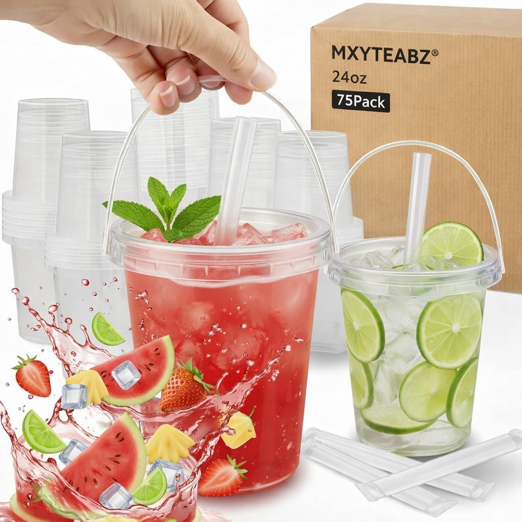 75 Pack Plastic Drink Buckets with Lids and Straws, 24 oz Clear Rum Buckets for Cocktails, Reusable Pails for Drinks, Adult Beach Party and Bar Supplies, BPA-Free Food Grade