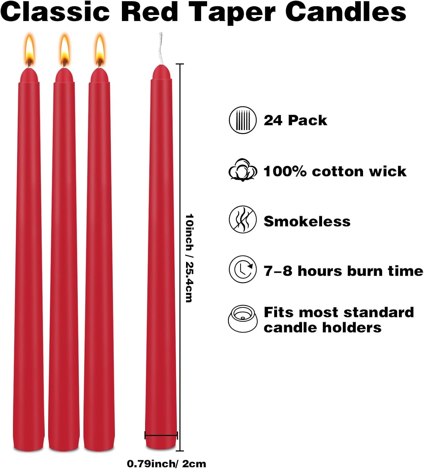 red taper candles 24 pack, 10 inch unscented holiday dinner candles for thanksgiving and christmas table decor, wedding centerpieces, long-lasting 7-8 hour burn time, premium wax