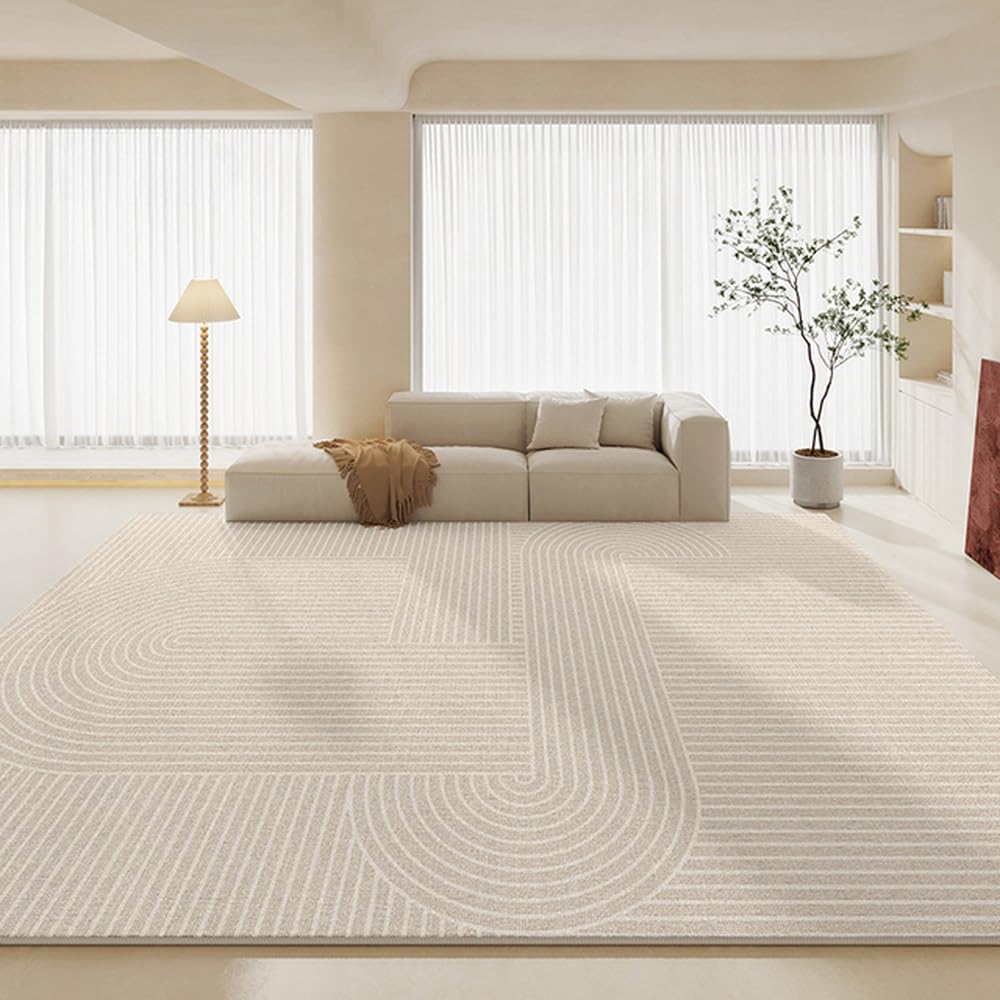 Tapis de chevet de chambre à coucher beige à rayures élégantes