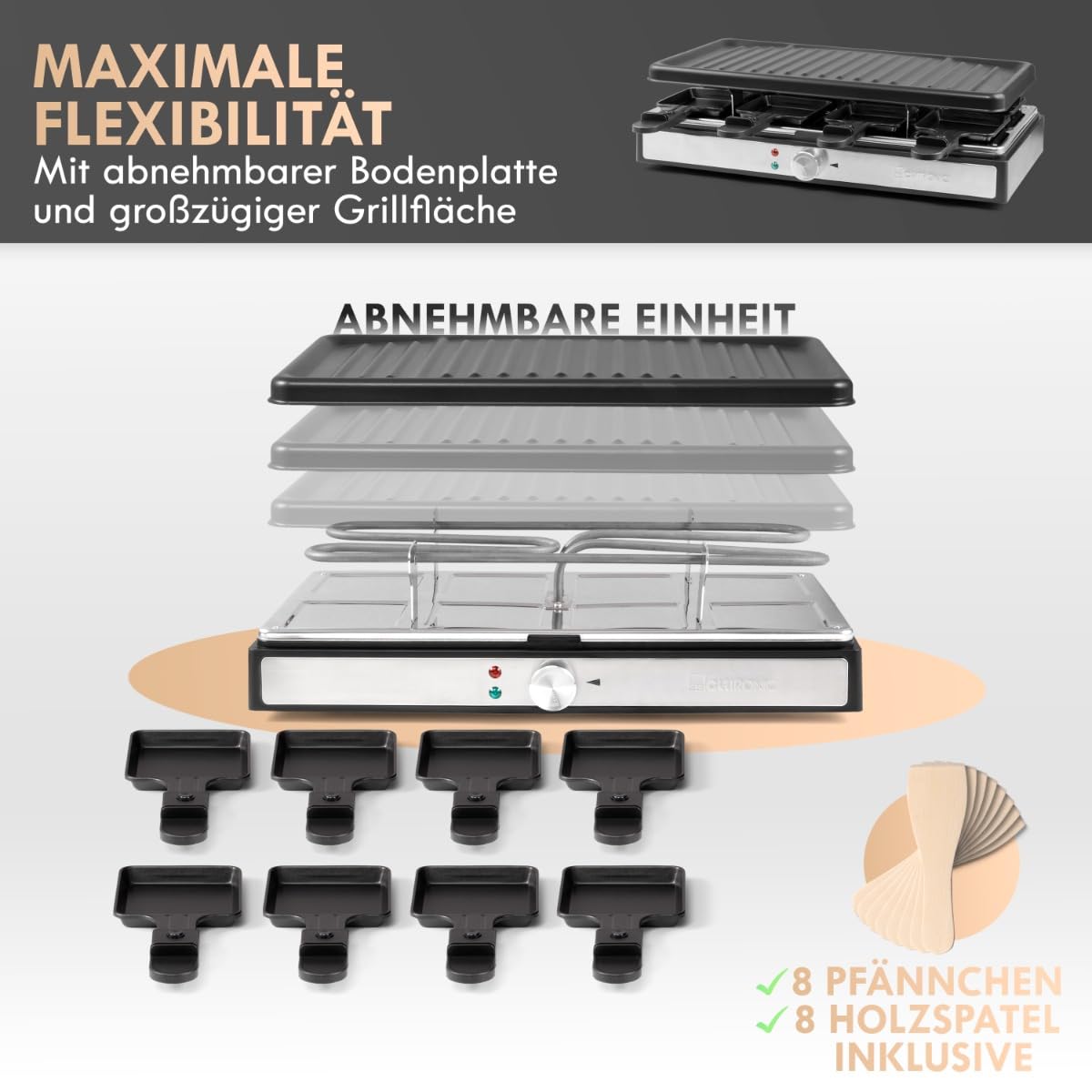 Clatronic® Raclette per 8 persone con piastra rimovibile | Raclette Grill con rivestimento antiaderente | incl. 8 padelle | Raclettes con alloggiamento Cool Touch | RG 3757
