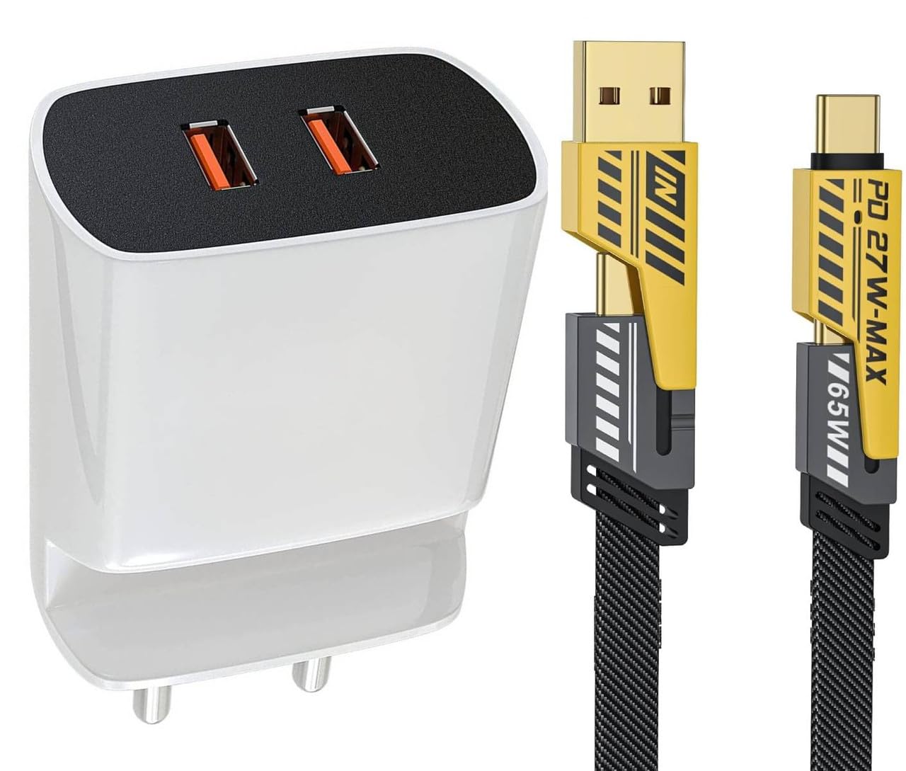 48W Charger for Nothing Phone (3a) Dual USB Port High Speed Turbo Charge QC 3.0 Smart with 1.2m 4-in-1 Metal Flat Braided Indestructible Multi iOS Type-C USB Cable (White, Stand, SE.A)