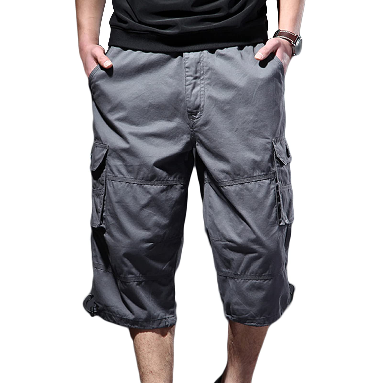 Maiyifu-GJ Men's Lightweight 3/4 Long Cargo Shorts Cotton Elastic Waist below Knee Shorts Multi-Pockets Capri Short Pant (Grey,5X-Large)