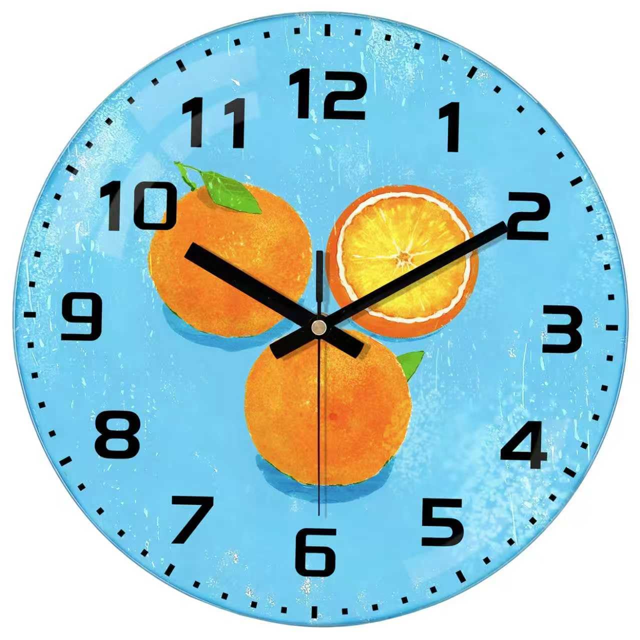 Mabpedo 30cm Kitchen Wall Clock, Silent Non-Ticking Glass Clock with Fresh Orange Design, Large Number Easy to Read Battery Operated Clock for Bedroom Dining Room Kids Living Room Bathroom