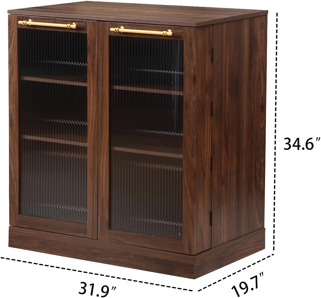 34.6 inch Kitchen Pantry Storage Cabinet with 6 Built-in Racks for Better Storage, Modern Pantry Cabinet with Adjustable Shelves and Glass Doors,Wind Red