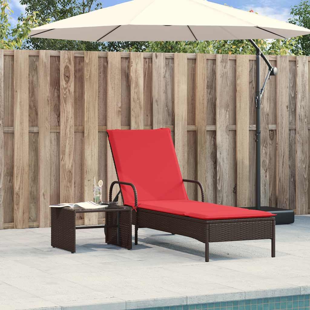 Tumbona de polirratán con ruedas y cojín rojo | Cómoda tumbona de jardín con respaldo ajustable en 3 posiciones y cojín suave para terraza y piscina.