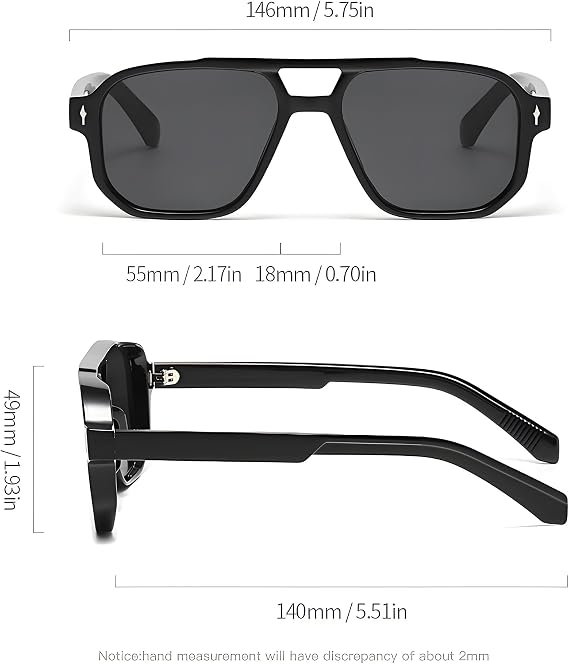 Vintage Pilot 70s Square Men Women Sunglasses, Double Bridge UV400 Tinted Lens Sunglasses for Driving, Sports, and Travel