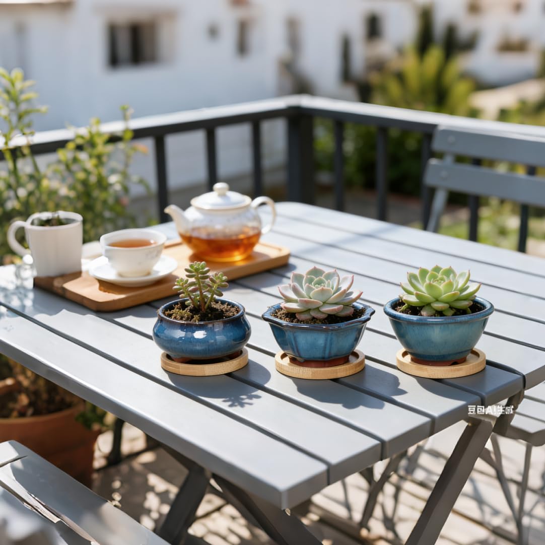 Lot de 3 Pots à Bonsaï en Céramique Émaillée avec Trous de Drainage, Grilles Filtrantes & Plateaux en Bambou| Design Japonais Traditionnel | Idéal Plantes Intérieures & Décoration