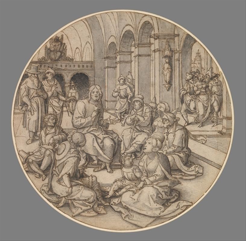 Głoszenie Chrystusa w synagodze z faryzeuszami przynoszącymi kobietę wziętą w cudzołóstwie (1523) plakat wydruk autorstwa Dircka Vellerta (24 x 36)