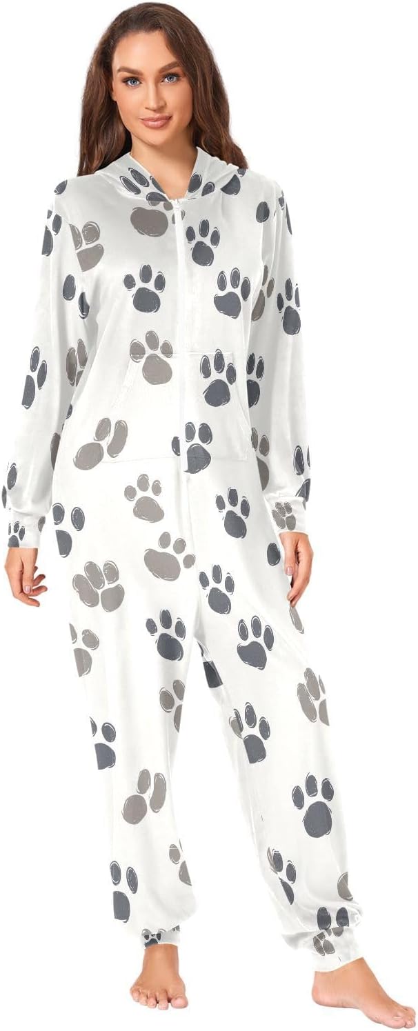 Black Brown Footprints Zipper Hooded Adult Jumpsuit Pajamas with Pockets XS-3XL