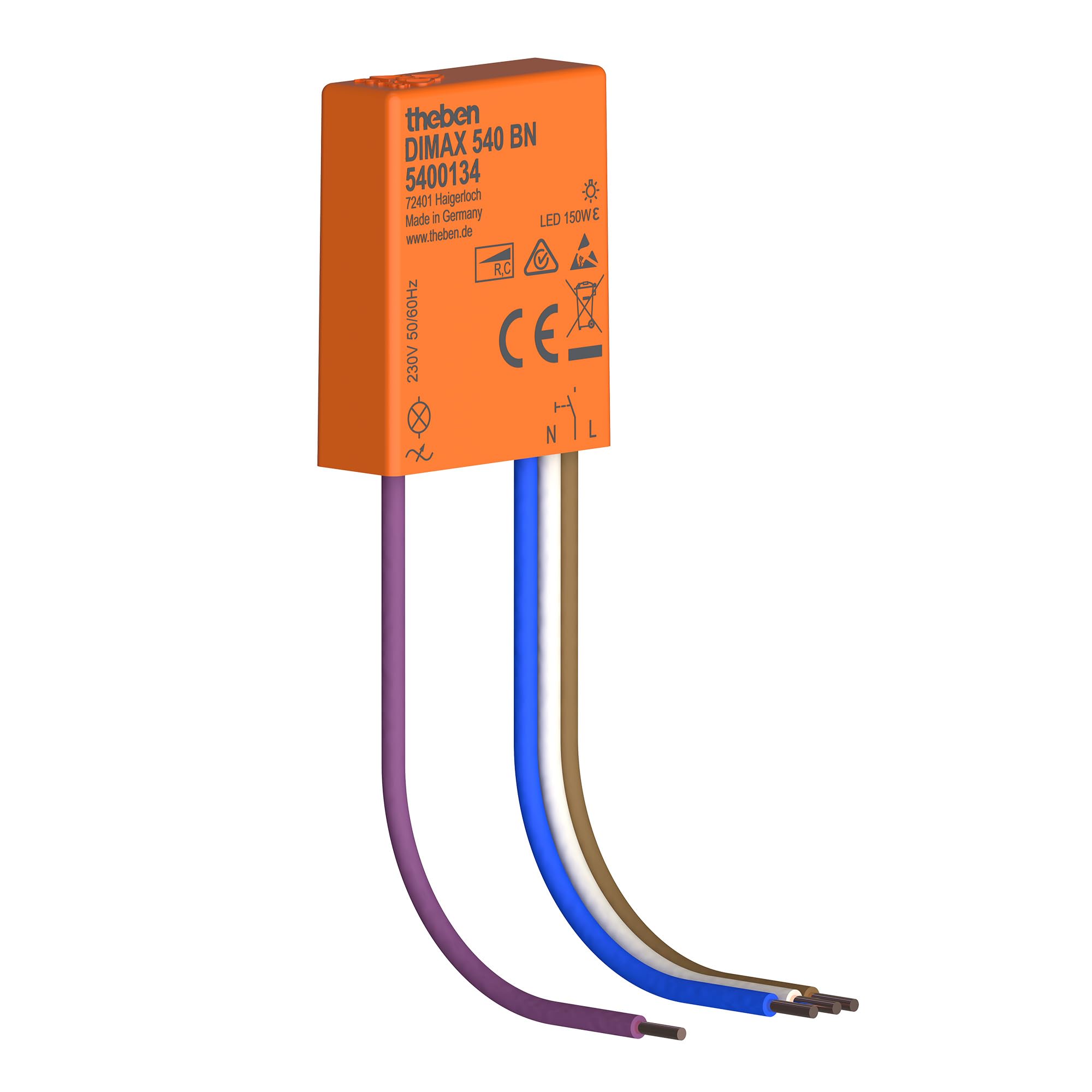 Theben 5400134 DIMAX 540 BN Mini dimmer universale da incasso | versione con 4 conduttori, 32,7 x 26,6 x 9,6 mm, lunghezza cavo fino a 100 m, funzione memoria
