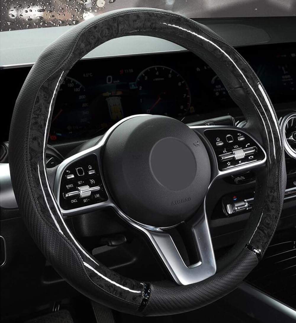 Peach Wood Grain Steering Wheel Cover Anti-Slip Breathable Durable Leather Four Seasons Universal 15 Inch Car Wrap Cover (Leopard-Gray)