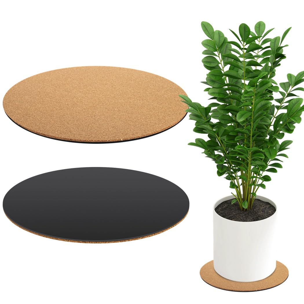 YOFAPA 2 Pcs Cork Plant Coasters, 12in Absorbent Cork & Plastic Plant Mats, Waterproof Plant Saucers for Indoor Outdoor Pots, Round Table Pads for Hot Pots, Plates, DIY Crafts