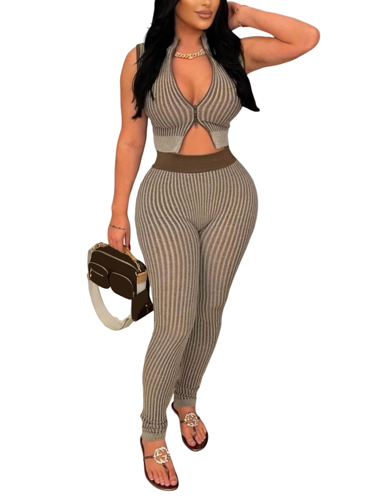 Uni Clau 2 Piece Outfits for Women Sexy Zipper Crop Top Bodycon Pants Sets Ribbed knit Sleeveless Club Outfits Tracksuit