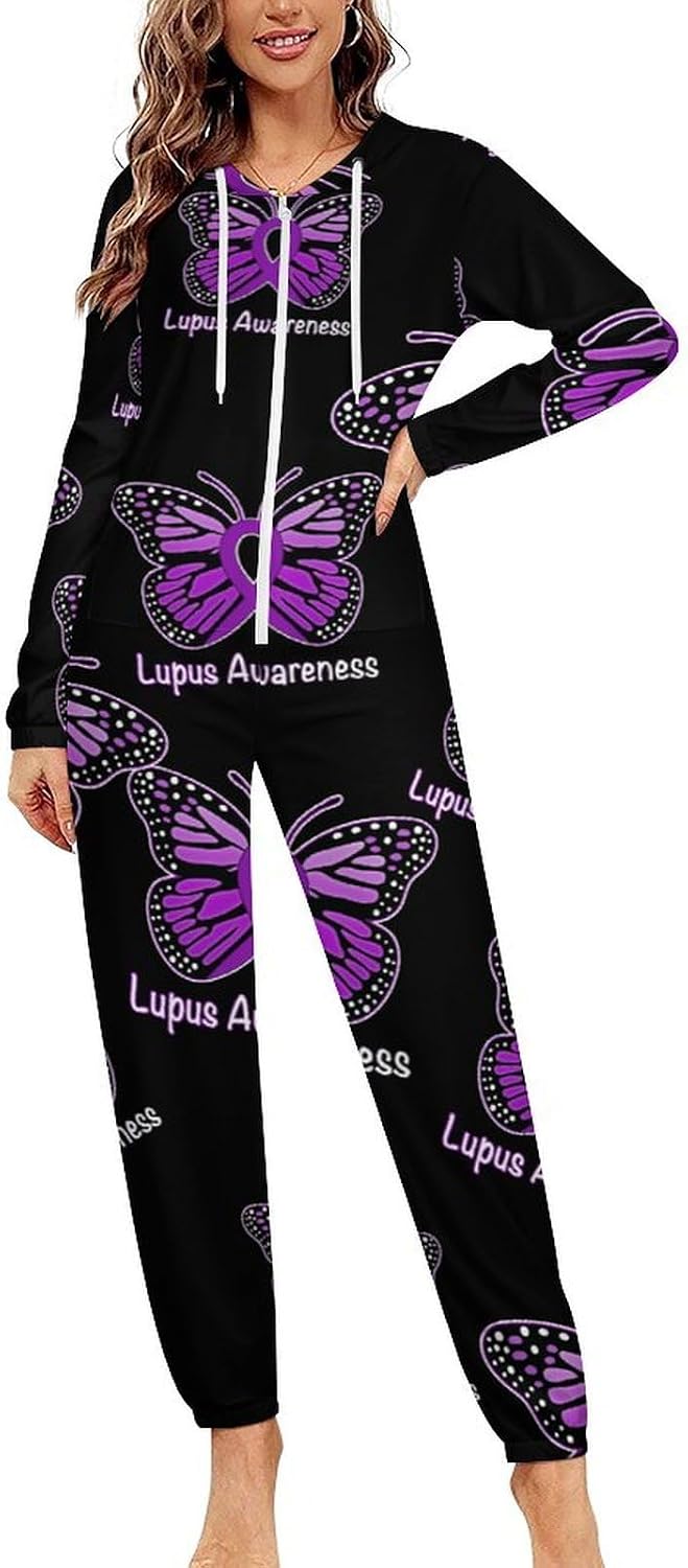 Lupus Awareness Butterfly Adult Pajamas Onesie with Hood Pocket Jumpsuits One Piece Sleepwear