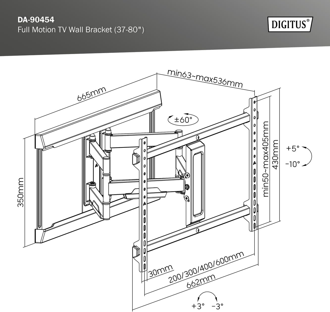 Digitus Full-Motion TV wall mount - for 37-80" TVs or monitors - 60 kg max. load - VESA 200x100 to 600x400 - extendable, swivelling, tilting - integrated cable management - black