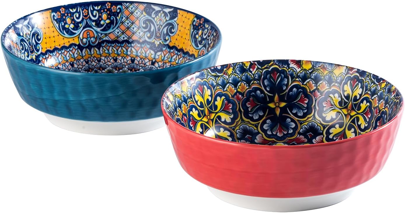 1440ml Salad Bowl, Large Porcelain Serving Bowls Set of 2, Ceramic Bowl for Ramen, Soup, Fruit, Snacks etc. Colourful - Bohemian Style