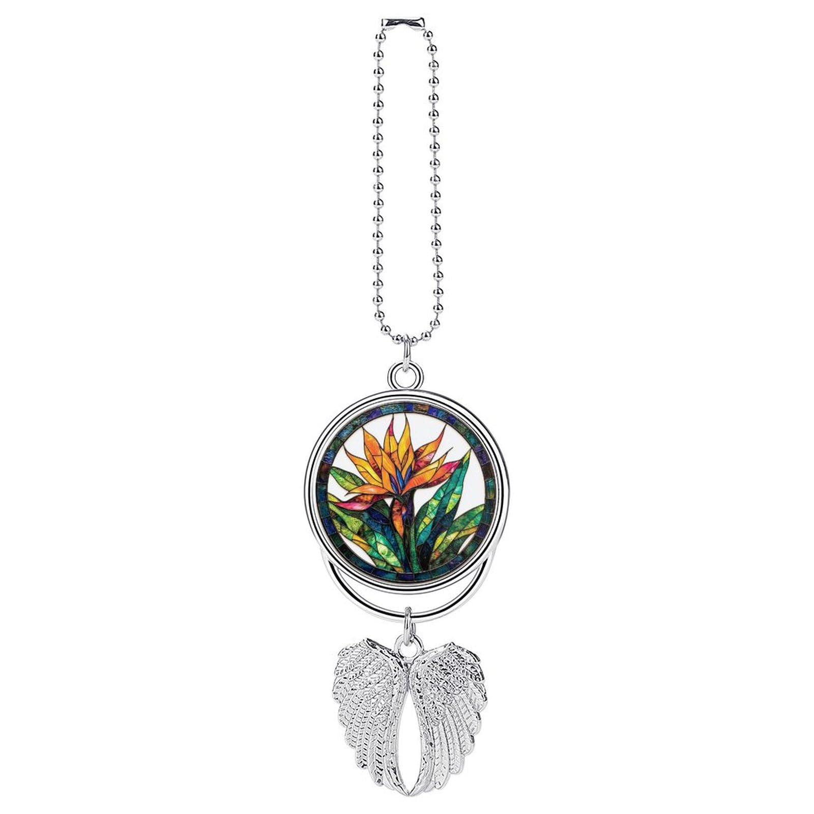 Stained Glass Bird of Paradise Flower Car Hanging Pendant Car Interior Decoration Rearview Mirror Charms Ornaments