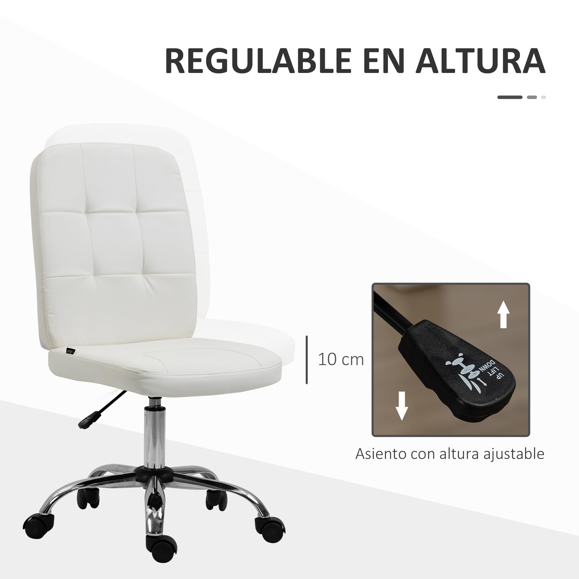 Vinsetto Silla de Oficina sin Brazos Carga 120 kg 45x59x90-100 cm Blanco | Silla de Escritorio Giratorio, Piel Sintética, Altura Ajustable, Estilo Moderno