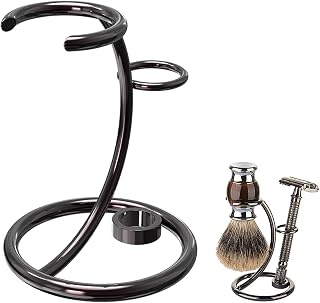 Linkidea Brushed Nickel Shaving Brush & Safety Razor Stand Holder - Fits Vikings Blade Chieftain, Gillette Mach3, Fusion & Most DE Razors