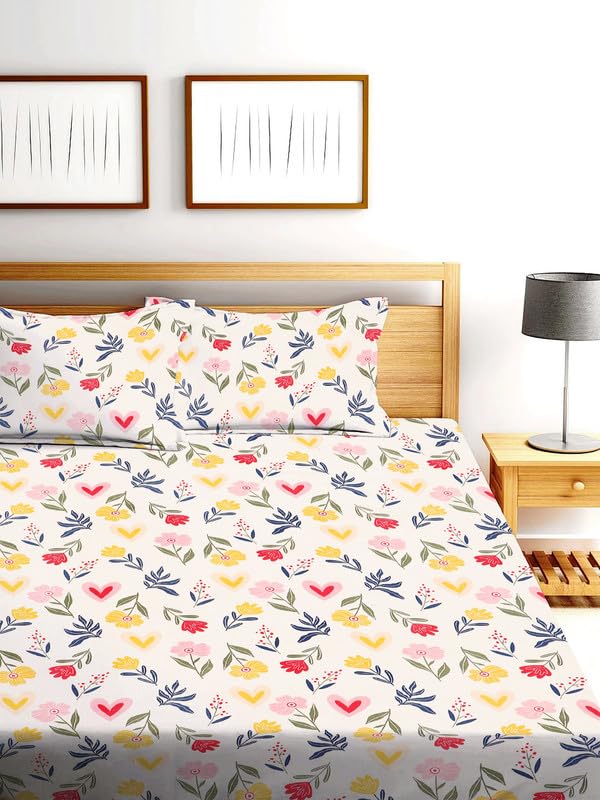 Image of la' amour Cotton 220 TC Flat Double Bed Bedsheets for Summer Breathable | Wrinklefree (Size- 228 x 230 Cm) with 2 Pillow Covers (Size-17 X 27 Inches, Floral, White and Green Pink)