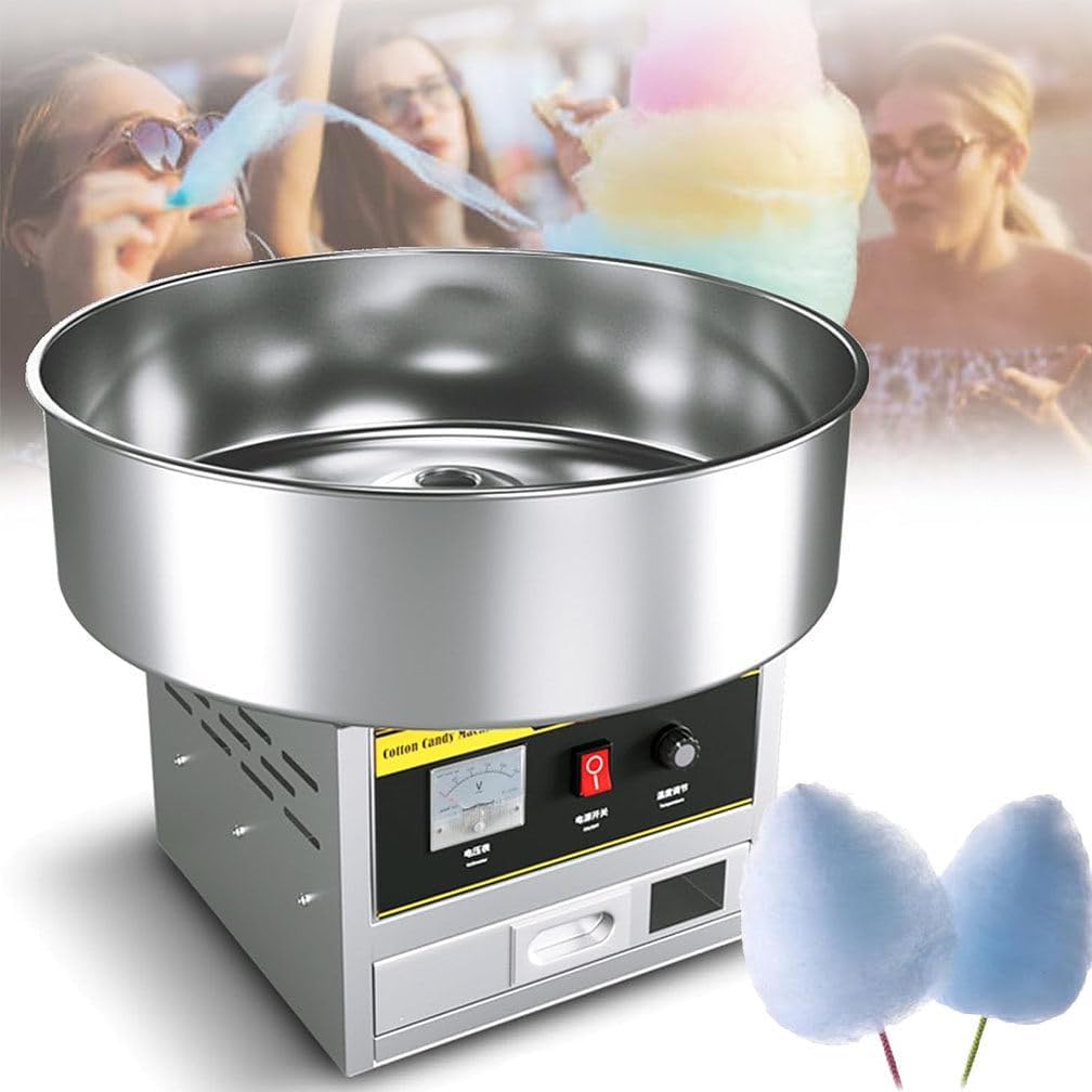 Electric Stainless Steel Candy Floss Maker, Cotton Candy Machine Commercial, with Large Locker and Stainless Steel Bowl, for Family Party, Kids Birthday