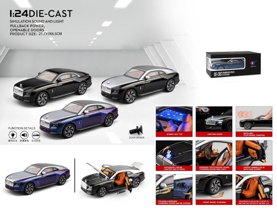 Image of Invite Enterprise 1:24 Rolls-Royce Spectre Diecast Metal Pull Back Car with 6 Openable Doors with Sound and Light Toy Decoration car Best Gift Toys for Kids 【Colors as Per Stock】