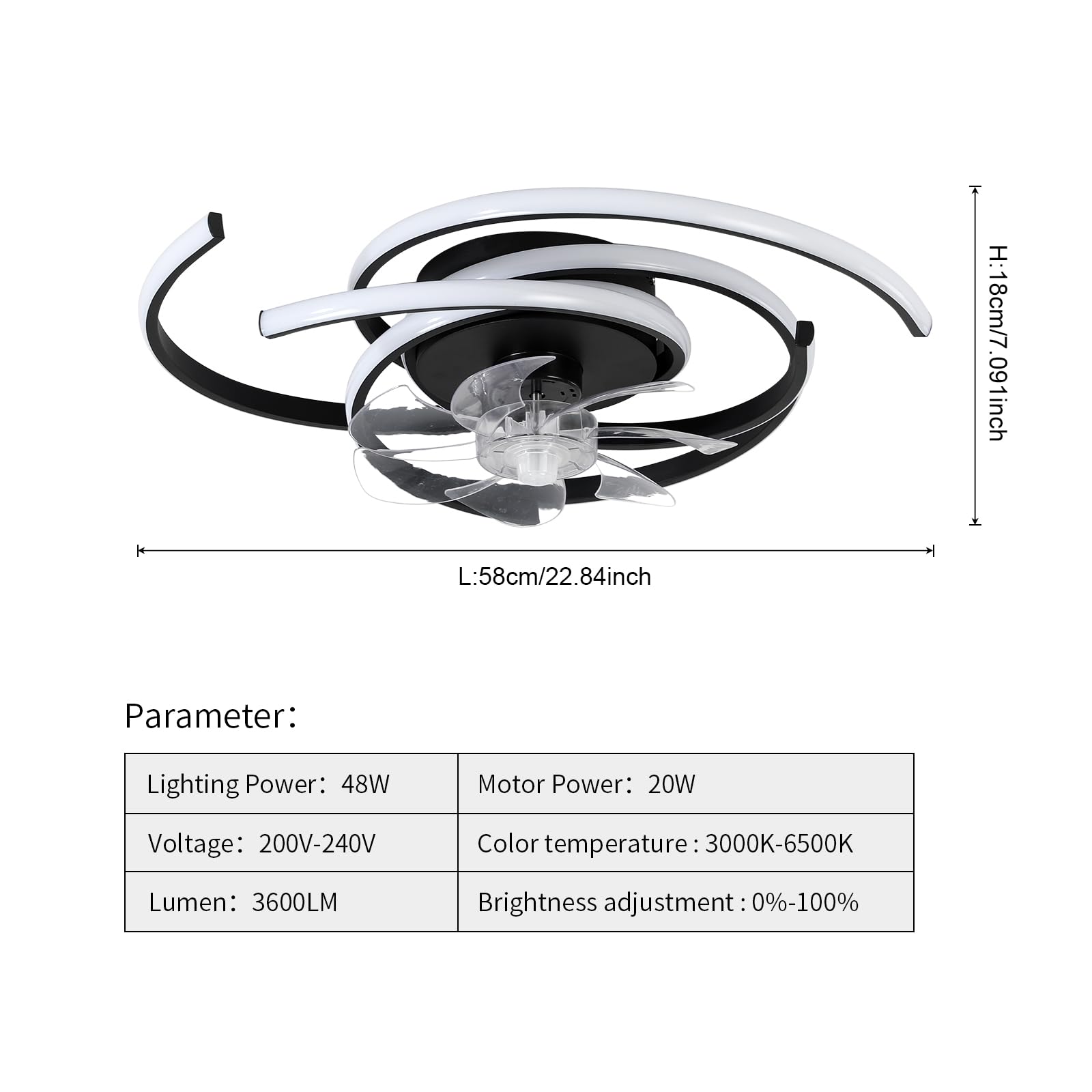 LED-Beleuchtung mit stummem Deckenventilator 45 W Deckenleuchte mit Ventilatorlicht, App und Fernbedienung, kreative Form Acrylschirm (weiß) Wohnzimmer Schlafzimmer Küche (weiß)