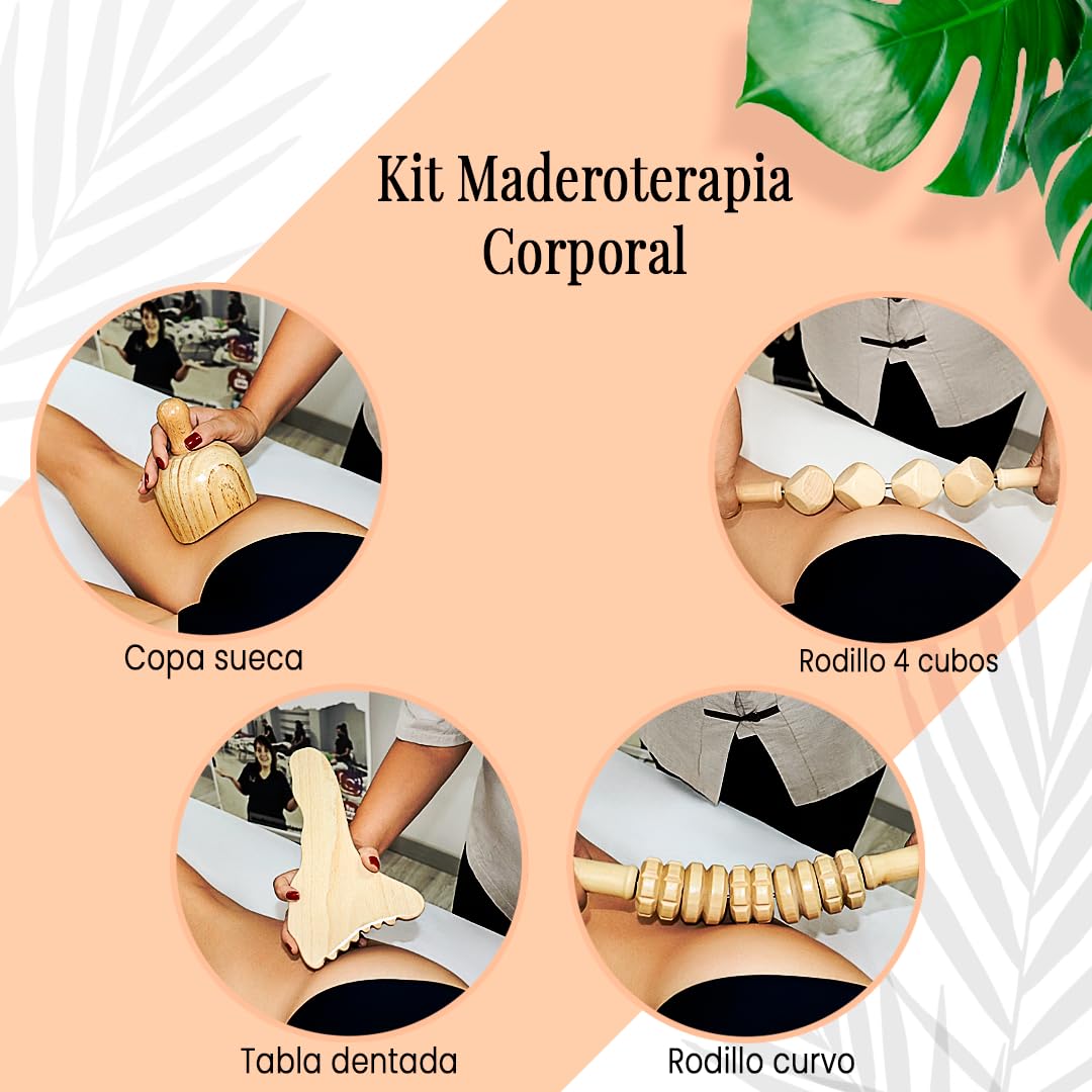 Kit Thérapie Bois Anti-Cellulite | Thérapie par Le Bois avec Cours sur DVD | Kit composé de 6 éléments en Bois de pin et Lotus Naturel | Designs exclusifs Aesthetic Wood Therapy Espagne