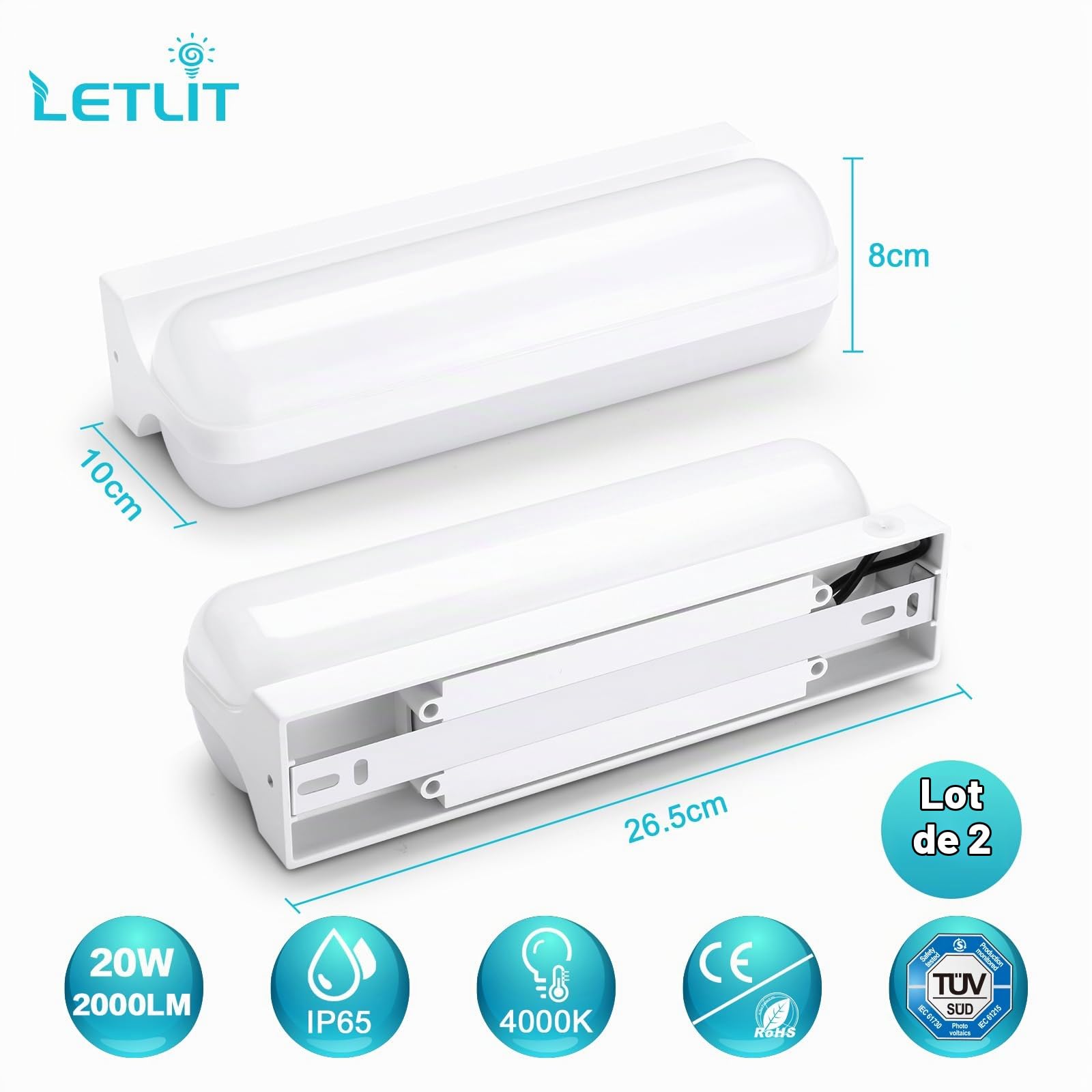 Applique Murale Intérieure LED Blanc - 2 Pack, 20W 2000LM Applique Murale Exterieur, 4000K Up-and-Down Éclairage Lampe, IP65 Luminaires Intérieur pour Escaliers Couloir Jardin Garage WC