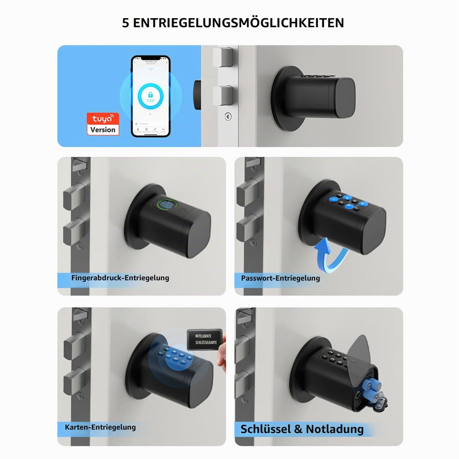 Türschloss Fingerabdruck,Elektronisches Türschloss Haustür Code,Smart Lock SchließZylinder 60mm,Fingerabdruck Schloss Mit Bluetooth und App,mit 2 Schlüssel,4 IC-Karte,für Türen von 60-90 mm(Schwarz)