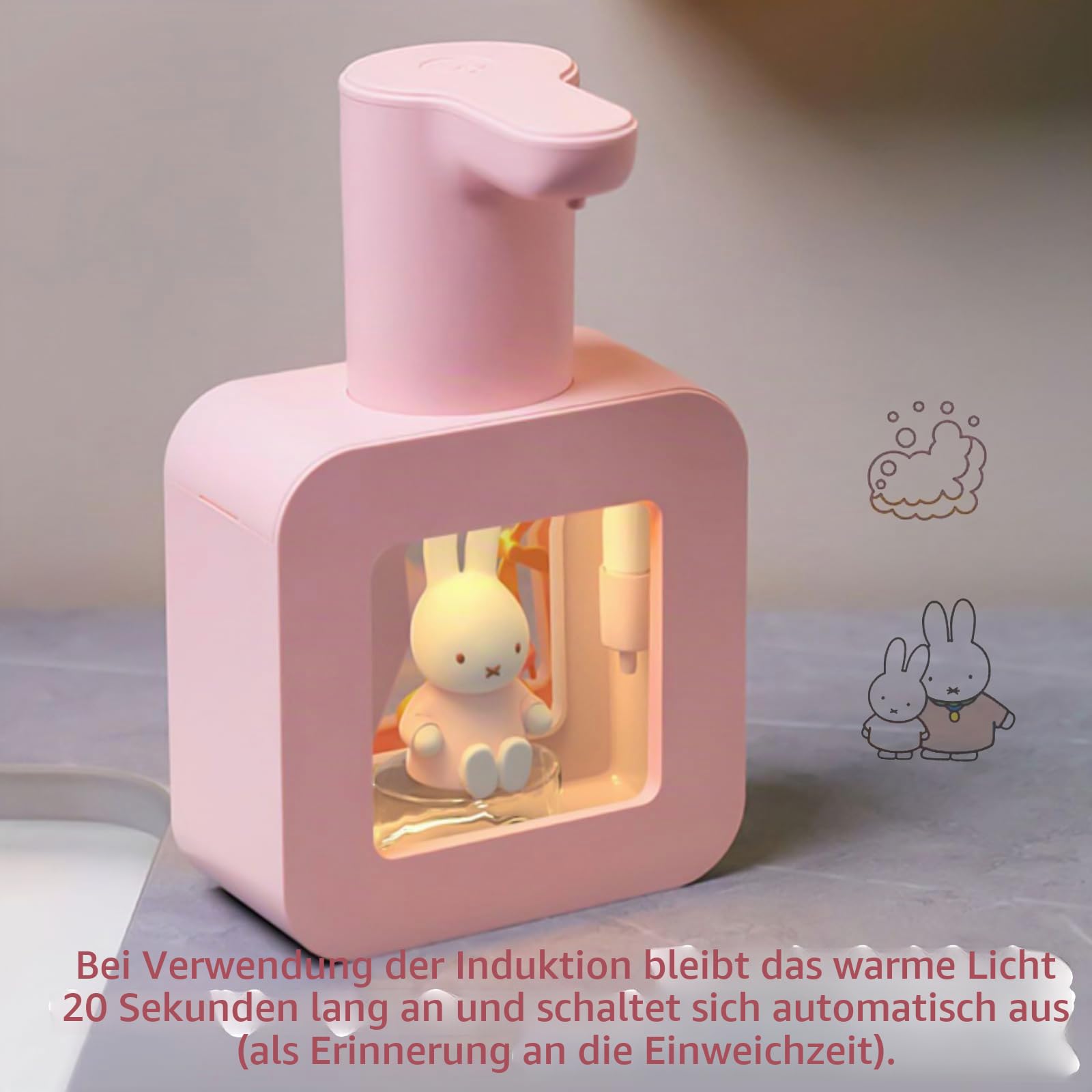 Mipow x Miffy Automatischer Seifenspender, berührungslos, 3 einstellbare Schaumstufen, intelligenter Sensor, Handseifenspender für Badezimmer, Küche, Heimbüro, Rosa - Ostern Geschenke
