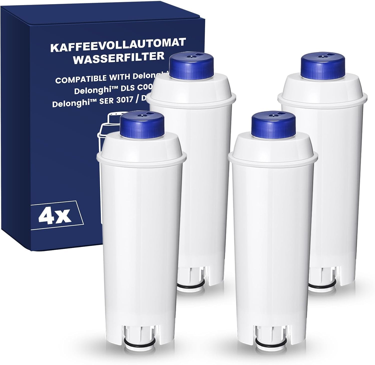 Delonghi Wasserfilter Ersatz für Kaffeevollautomaten, Kompatibel mit ECAM-Serie, Dinamica, Magnifica & Magnifica S/Evo, ETAM Autentica, Eletta Explorer, Prima Donna, Rivelia, Esam, DLSC002 (4 Stück)