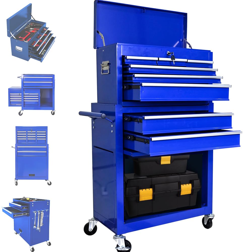 Caja de herramientas con ruedas de 8 cajones, azul, caja de herramientas grande y alta con ruedas, caja de herramientas de pie con cerradura, organizador de armarios de herramientas de garaje de metal
