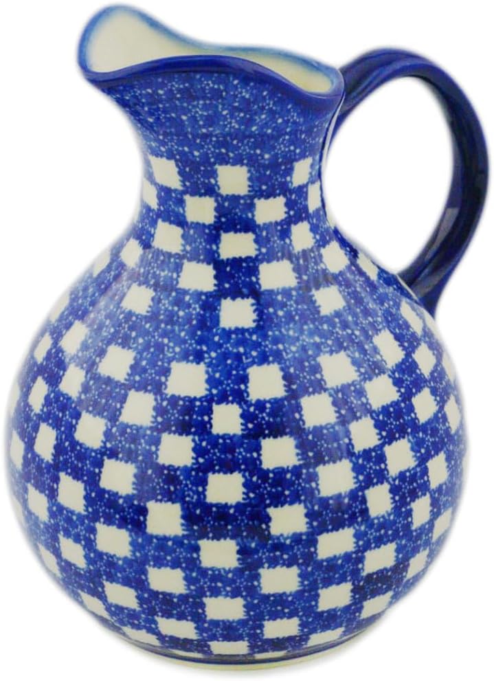 Polmedia Polish Pottery Pitcher - Floral Checkerboard Pattern Handmade in Boleslawiec Poland by Ceramika Dalia + Certificate of Authenticity