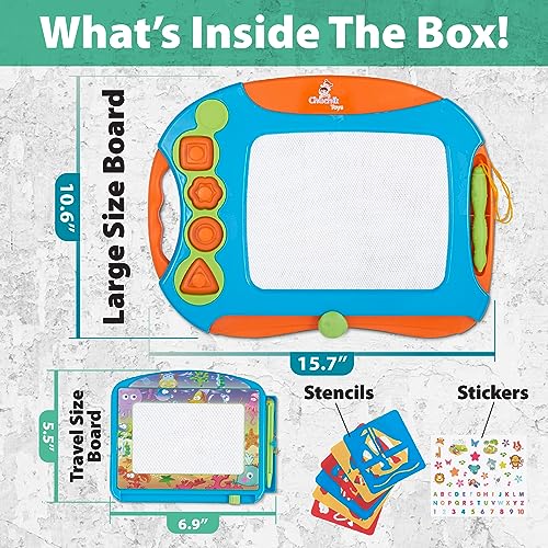 Chuchik Big Magnetic Drawing Board for Toddlers 1-3. 4-Color Large 15.7 Inch Magnetic Drawing Doodle Board Toy Comes with a Travel Size Etch Magnet Board for Kids. Sketch Pad Magnetic Board for Kids - Thumbnail 2