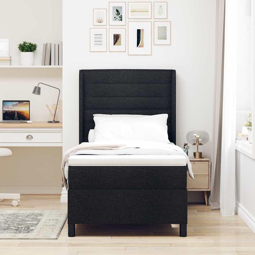 Cama con somier LED con colchón negro, 90 x 190 cm, tela, somier, cabecero de 2 alturas, tiras LED RGB, madera y madera maciza, dormitorio moderno, cama individual confort