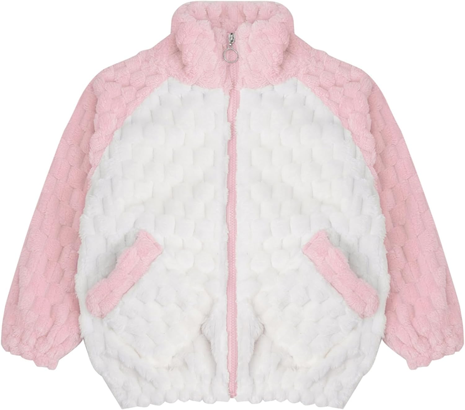 JEYPINMI Girls Color Block Fleece Coat Zip-Up Warm Jacket with Pockets Thicken Overcoat Stand Collar Outerwear