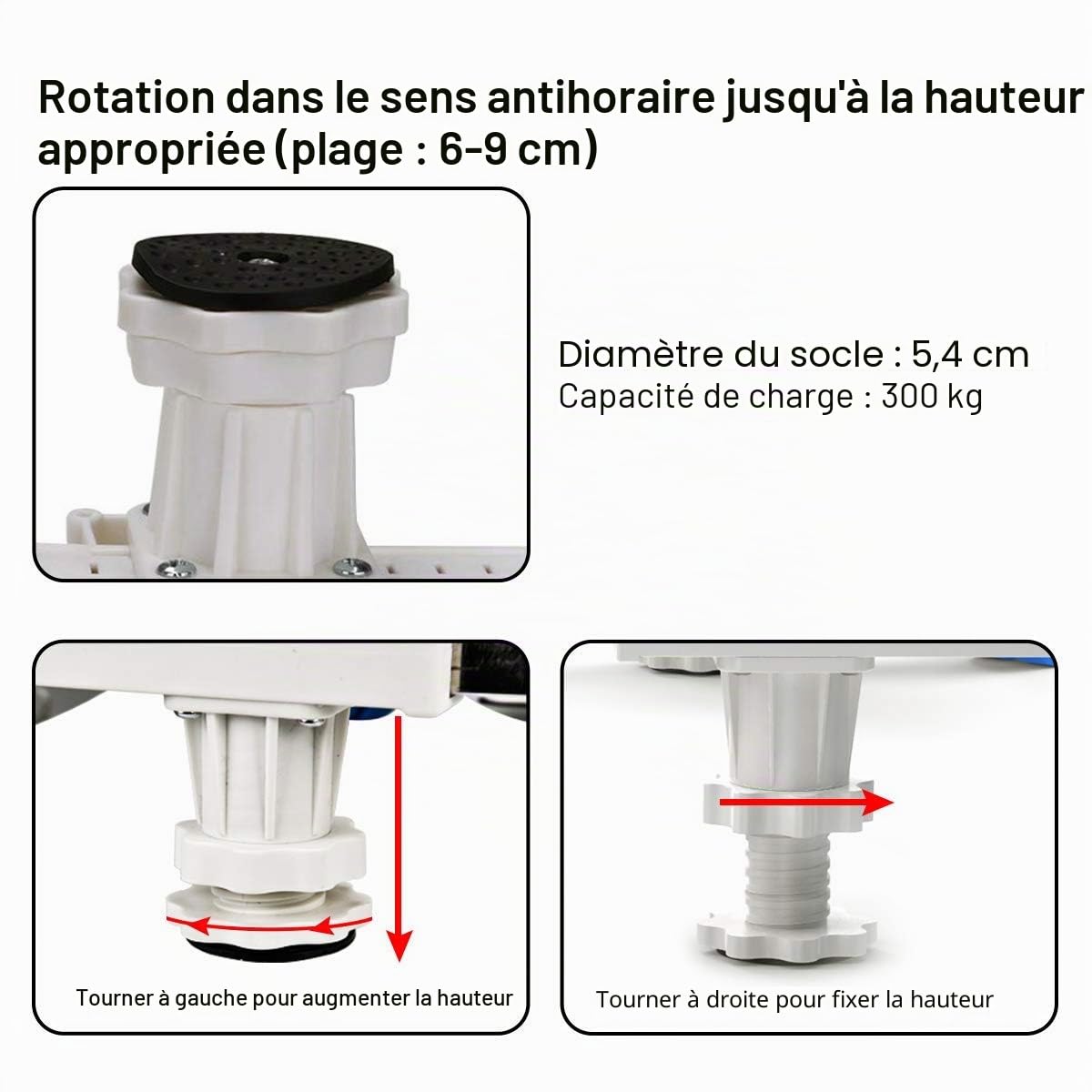 DEWEL Support Réglable pour Lave-linge, Sèche-linge et Frigo | 4 Pieds en PP & Acier Inoxydable | Réduction du Bruit | Hauteur 6,5-9 cm (Adapté aux Appareils de 45-67 cm) | Charge Maximale 300 kg | 4 pieds, anti-vibration et stable, largeur réglable 45-65